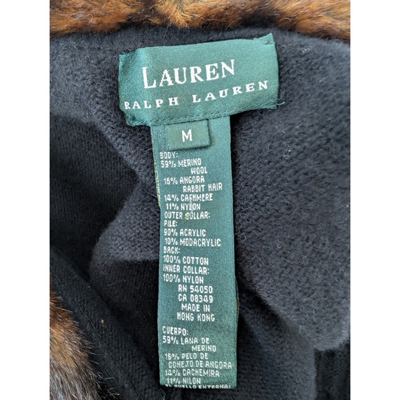 Lauren Ralph Lauren Cable Knit Cardigan Sweater M Black Old Money Equestrian Fur - Picture 7 of 10